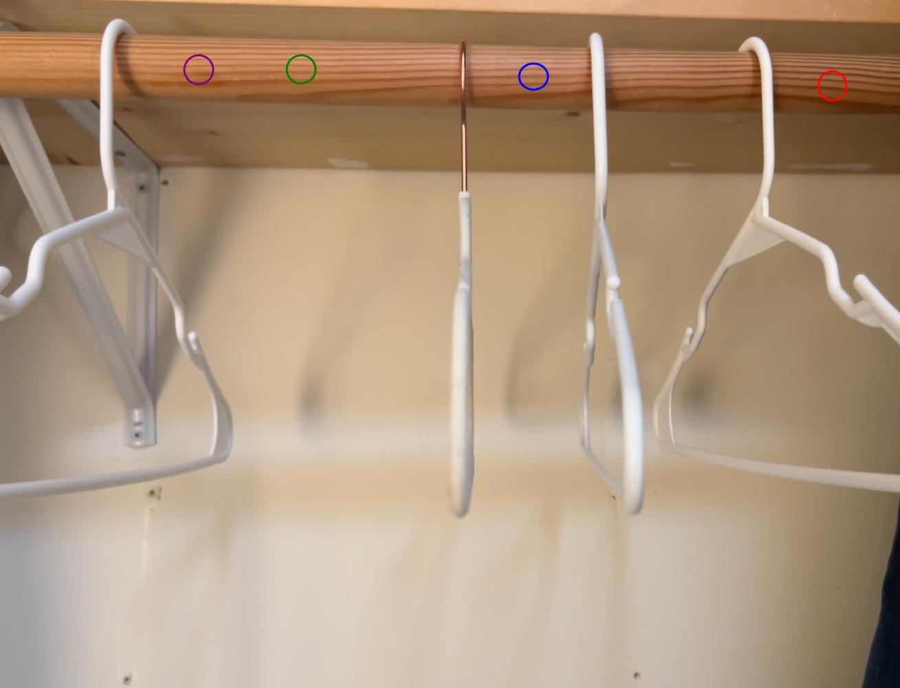 ERQA question: where should another hanger go so the hangers are evenly spaced?